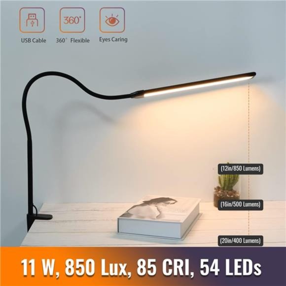 LED Desk Lamp with Clamp, Clamp Light, Tall Desk Lamp with Long Gooseneck, 11W - Picture 5 of 6